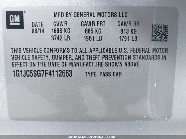 Chevrolet Sonic Lt Auto 2015 1G1JC5SG7F4112663 Image 9