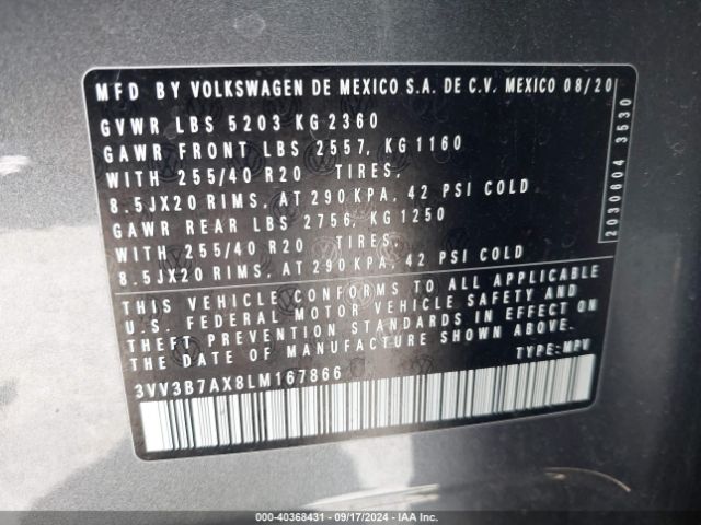 3VV3B7AX8LM167866 Volkswagen Tiguan 2.0t Se/2.0t Se R-line Black/2.0t Sel