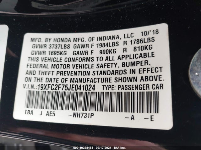 Honda CIVIC EX 2018 19XFC2F75JE041024 Image 9