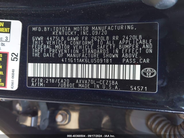 Toyota CAMRY SE 2020 4T1G11AK6LU509181 Image 9