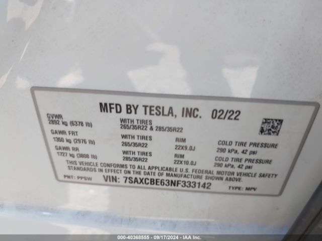 7SAXCBE63NF333142 Tesla Model X Plaid Tri Motor All-wheel Drive