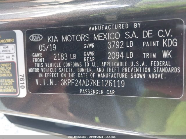 3KPF24AD7KE126119 KIA Forte Lxs