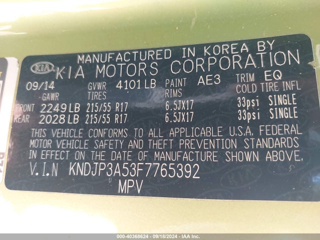 KIA SOUL + 2015 KNDJP3A53F7765392 Image 9