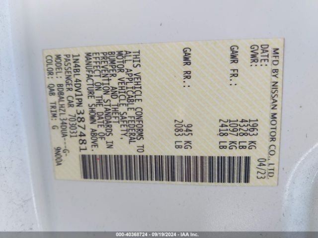 1N4BL4DV1PN387481 Nissan Altima Sv Fwd