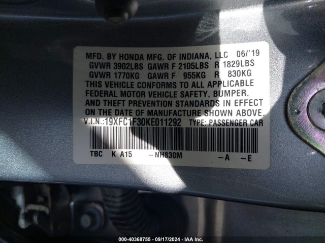 Honda CIVIC EX 2019 19XFC1F30KE011292 Image 9