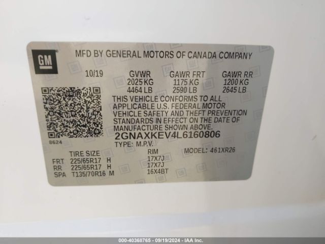 2GNAXKEV4L6160806 Chevrolet Equinox Fwd Lt 1.5l Turbo