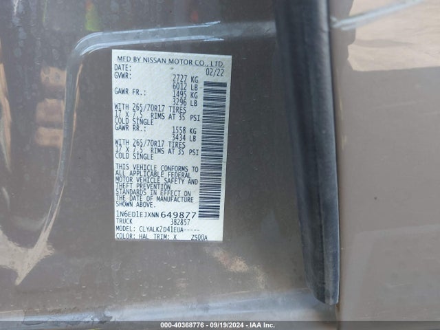 Nissan Frontier Pro-x 4x2 2022 1N6ED1EJXNN649877 Image 9