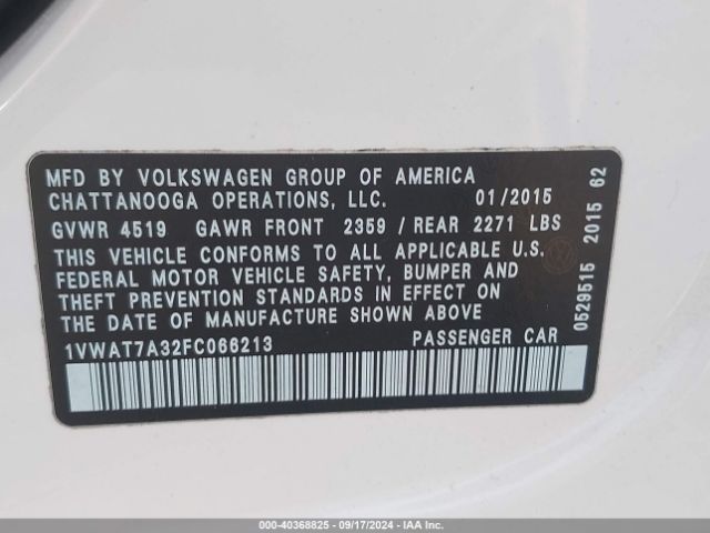 1VWAT7A32FC066213 Volkswagen Passat 1.8t Wolfsburg Edition