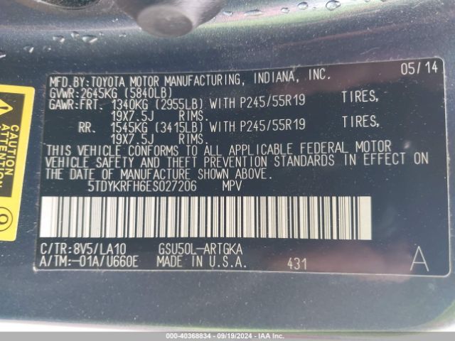 5TDYKRFH6ES027206 Toyota Highlander Limited V6