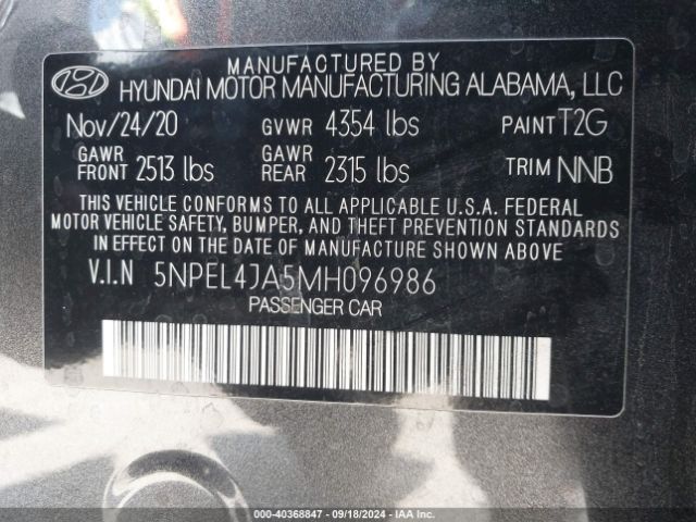 5NPEL4JA5MH096986 Hyundai SONATA SEL