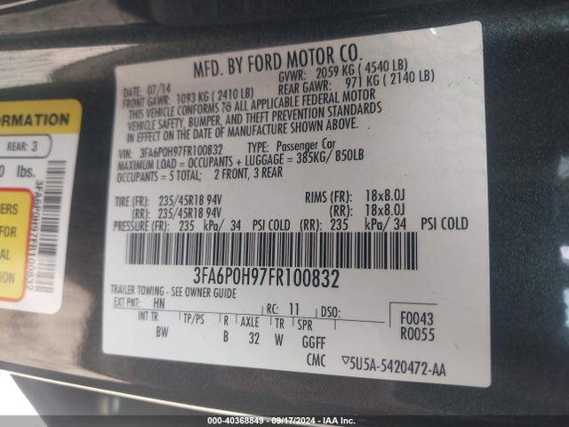 Ford FUSION SE 2015 3FA6P0H97FR100832 Image 9