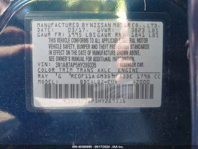 Nissan SENTRA S 2017 3N1AB7AP5HY289335 Image 9