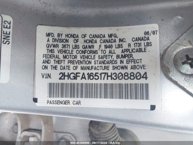 Aukcja sprzedaży 2007 Honda Civic Lx, vin: 2HGFA16517H308804, numer aukcji: 40368898