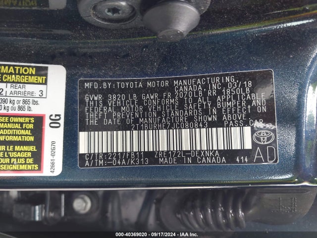 Toyota COROLLA LE 2018 2T1BURHE7JC080843 Image 9