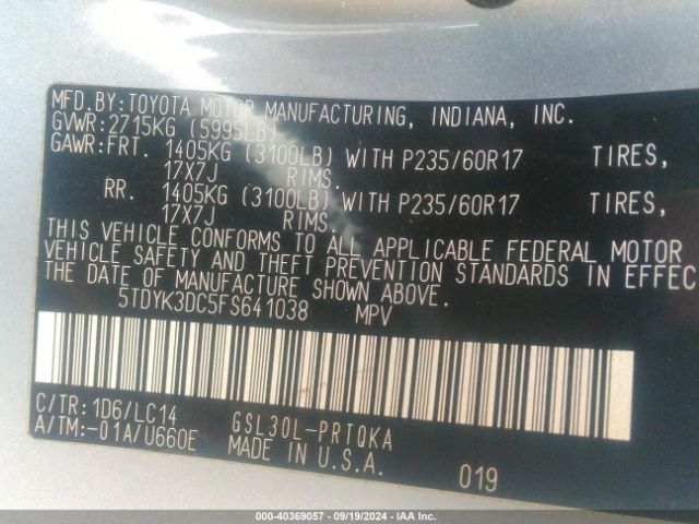 5TDYK3DC5FS641038 Toyota Sienna Xle 8 Passenger