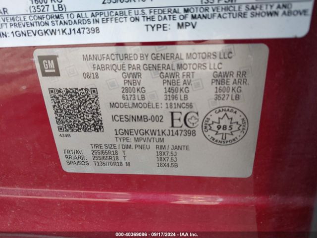 1GNEVGKW1KJ147398 Chevrolet Traverse 1lt