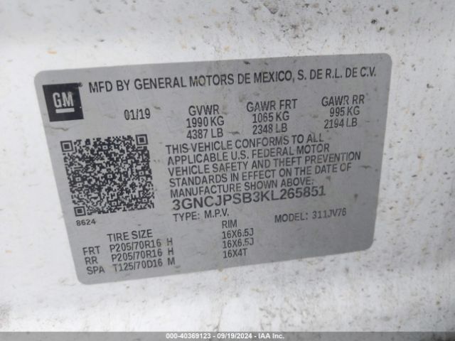 3GNCJPSB3KL265851 Chevrolet Trax Lt