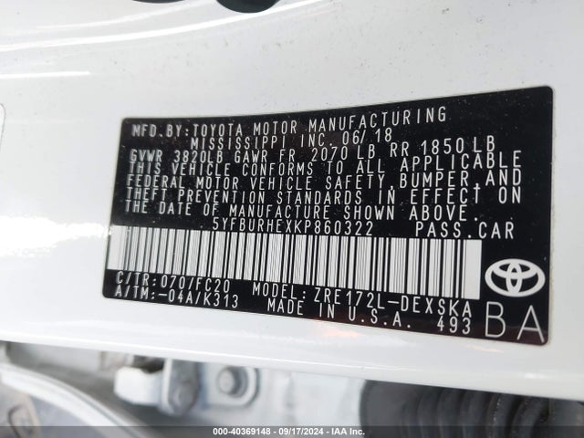 Toyota COROLLA SE 2019 5YFBURHEXKP860322 Image 9