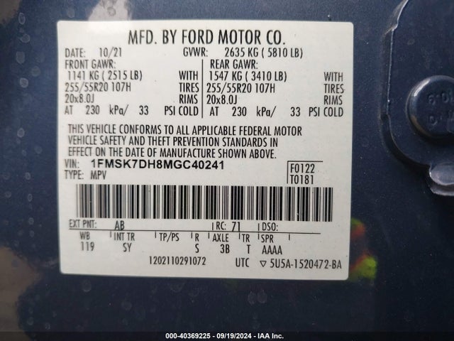 Ford EXPLORER XLT 2021 1FMSK7DH8MGC40241 Image 9