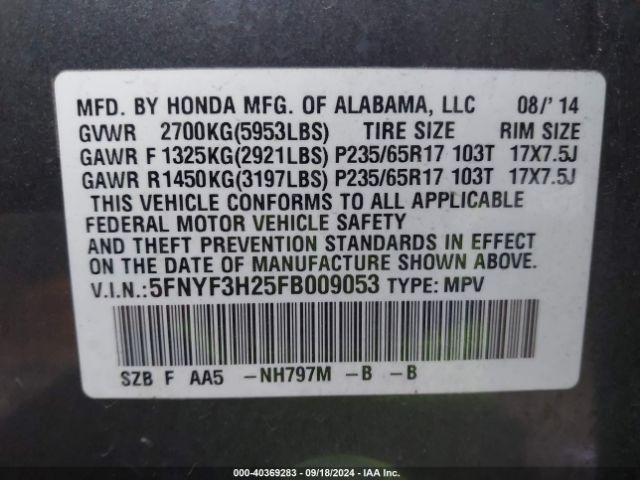 5FNYF3H25FB009053 Honda PILOT LX