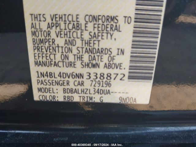 1N4BL4DV6NN338872 Nissan Altima Sv Fwd