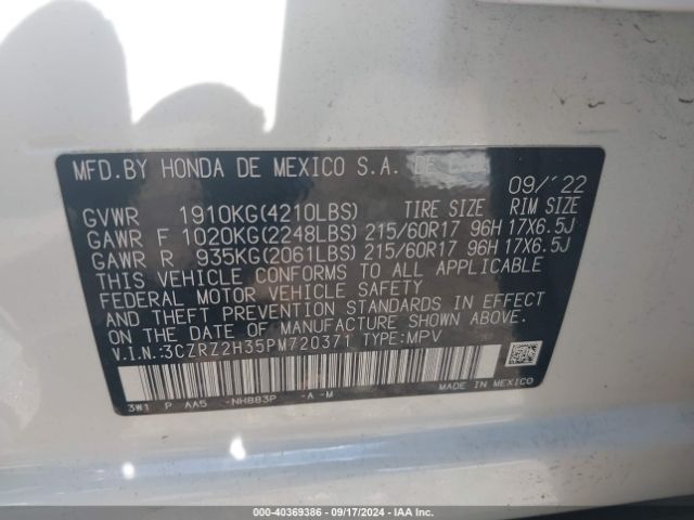 3CZRZ2H35PM720371 Honda Hr-v Awd Lx