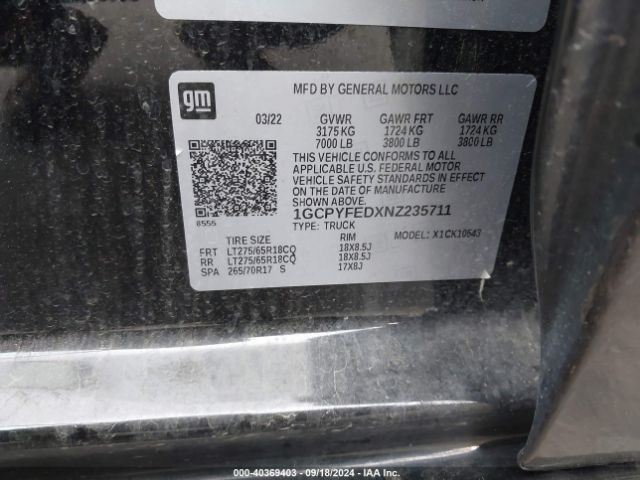 1GCPYFEDXNZ235711 Chevrolet Silverado 1500 Ltd 4wd  Short Bed Lt Trail Boss
