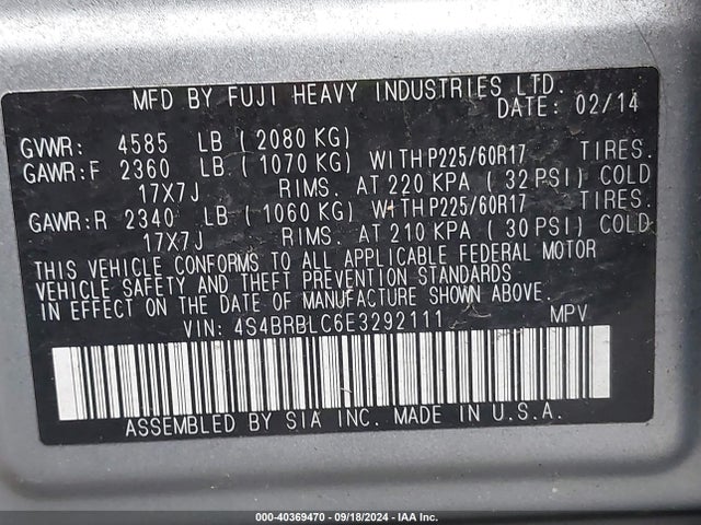 Subaru Outback 2.5i Limited 2014 4S4BRBLC6E3292111 Image 9
