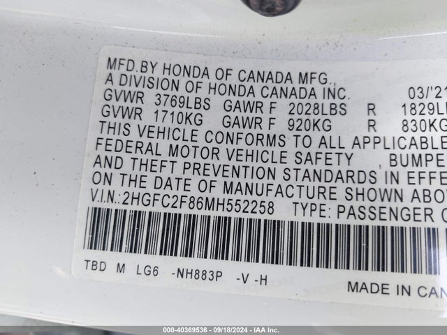 Продажа на аукционе авто 2021 Honda Civic Sport, vin: 2HGFC2F86MH552258, номер лота: 40369536