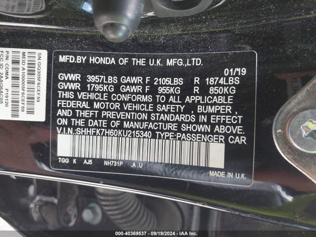 Honda CIVIC EX 2019 SHHFK7H60KU215340 Image 9