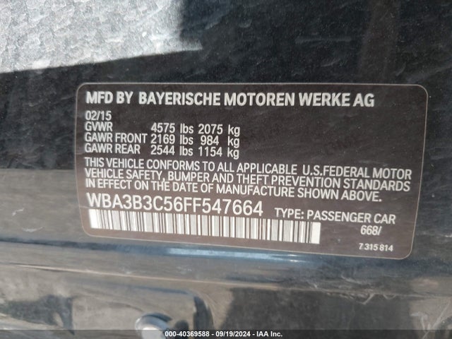 BMW 328i Xdrive 2015 WBA3B3C56FF547664 Image 9