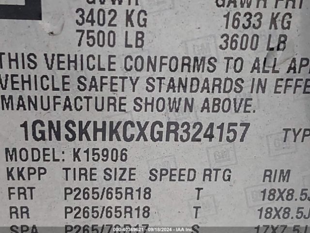 1GNSKHKCXGR324157 Chevrolet Suburban Lt