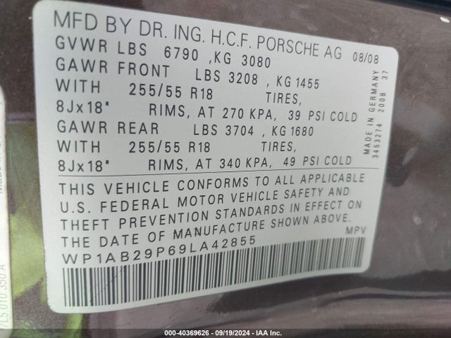 2009 PORSCHE CAYENNE WP1AB29P69LA42855 Photo 8