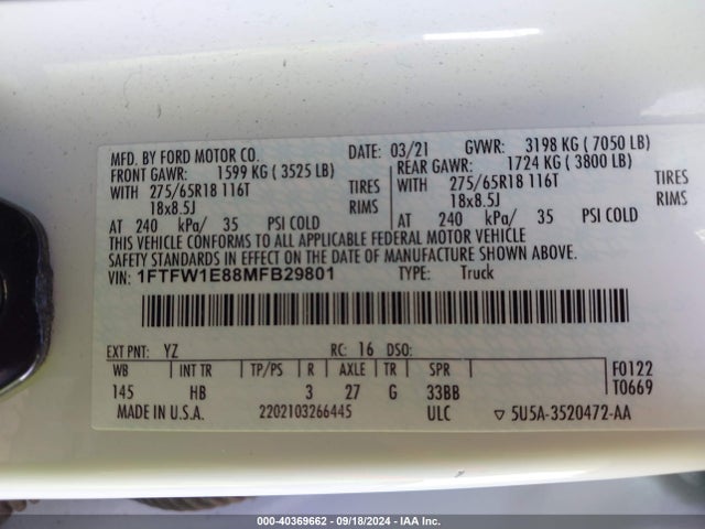 Ford F-150 Lariat 2021 1FTFW1E88MFB29801 Image 9