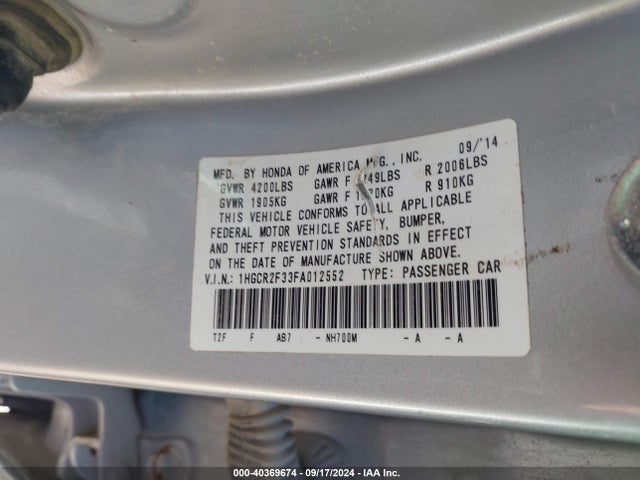 Honda ACCORD LX 2015 1HGCR2F33FA012552 Image 9