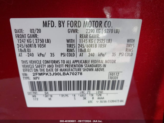 Ford EDGE SEL 2020 2FMPK3J90LBA70278 Image 9