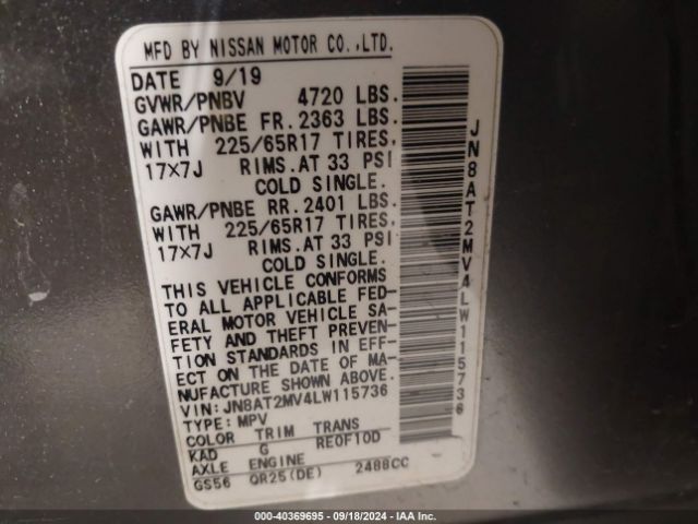 JN8AT2MV4LW115736 Nissan Rogue Sv Intelligent Awd