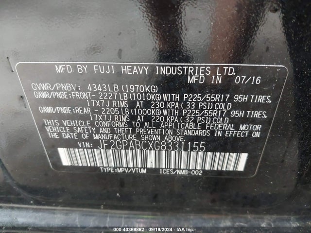 Subaru Crosstrek 2.0i Premium 2016 JF2GPABCXG8331155 Image 9