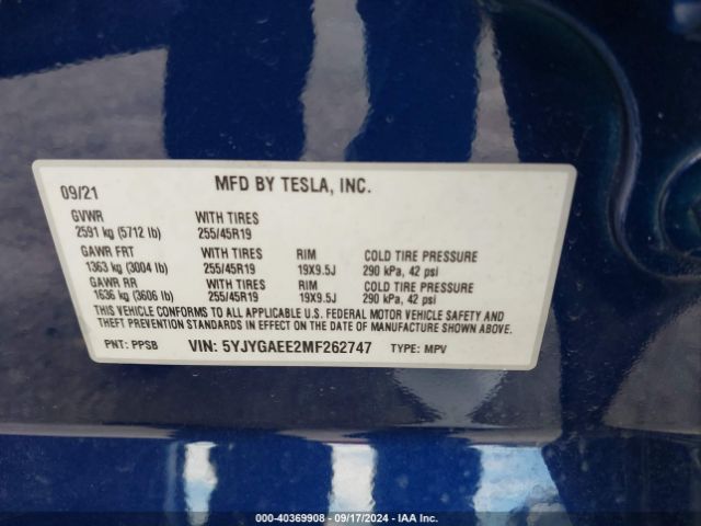 5YJYGAEE2MF262747 Tesla Model Y Long Range Dual Motor All-wheel Drive