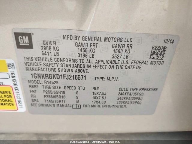 Chevrolet Traverse 1lt 2015 1GNKRGKD1FJ216571 Image 9