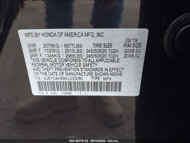 Acura Mdx Tech Pkg 2019 5J8YD4H59KL033080 Image 9
