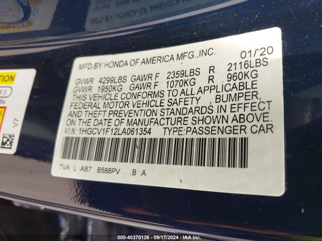 Honda ACCORD LX 2020 1HGCV1F12LA061354 Image 9