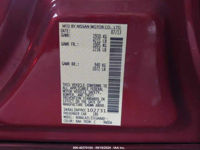 Nissan Altima 2.5 Sl 2014 1N4AL3AP4EC102731 Image 9