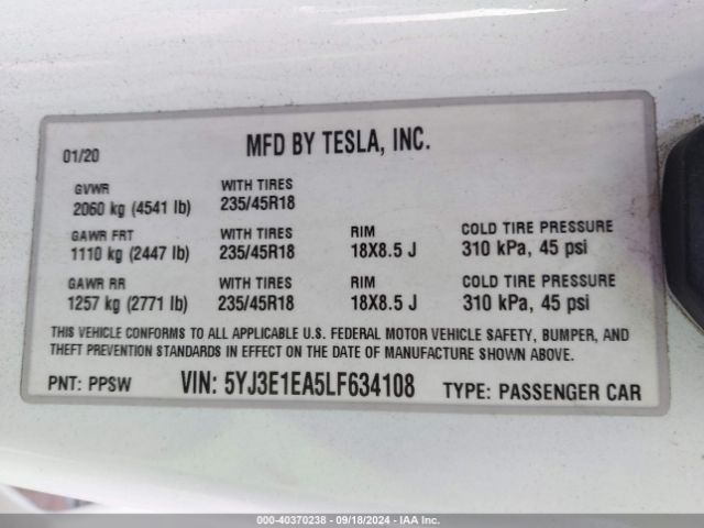 5YJ3E1EA5LF634108 Tesla MODEL 3