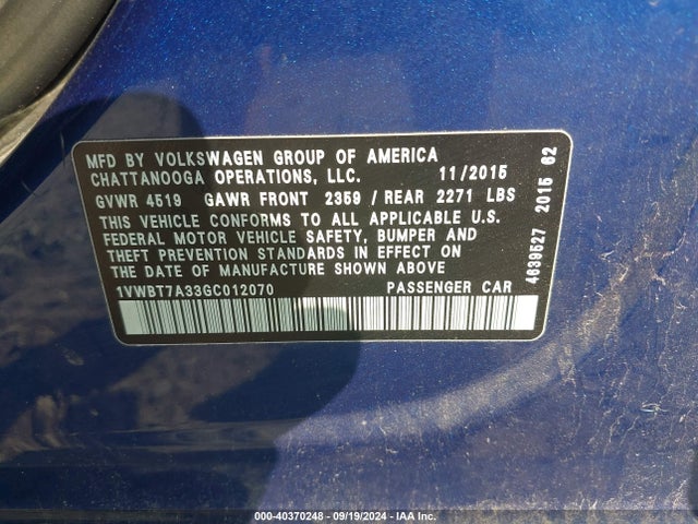 1VWBT7A33GC012070 Volkswagen Passat 1.8t Se