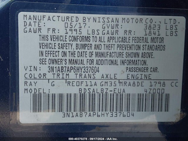 Nissan SENTRA S 2017 3N1AB7AP6HY337604 Image 9