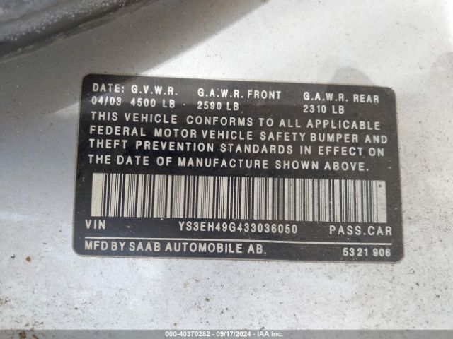 2003 SAAB 9-5 YS3EH49G433036050 Photo 8