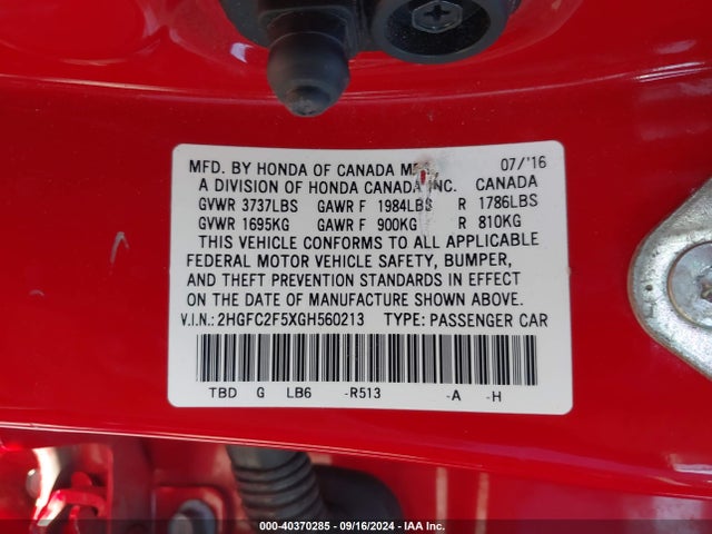 Honda Civic Lx 2016 2HGFC2F5XGH560213 Image 9