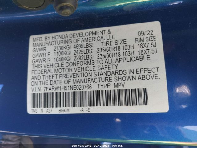 7FARW1H51NE020766 Honda Cr-v 2wd Ex