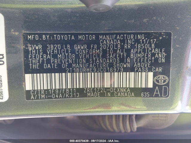 Toyota COROLLA LE 2018 2T1BURHE9JC016979 Image 9